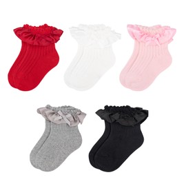 Meeshine 5 Pairs Baby Girls Socks Toddler Ruffle Lace Bow Frilly Dress Cotton Ankle Princess Socks for Kids 1-8T