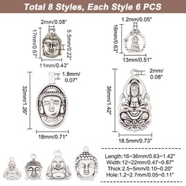 PH PandaHall Pack of 48 Tibetan Style Buddha Pendants, 8 Styles, Antique Silver, Buddha Charms, Alloy Buddha Charms for Necklace, Bracelet, Earrings, Jewellery Making, Key Chain, Wind Climate