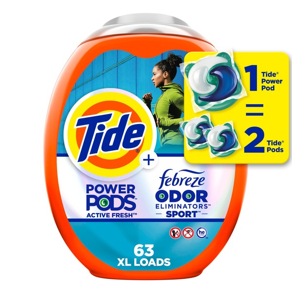 Tide Power Pods Laundry Detergent Pacs with Febreze Sport, 63 Count, Febreze Freshness with Sport Odor Defense