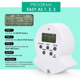 Clear Power Indoor Timer, 2 Grounded Outlet EZ Digital Timer for Clamp, Grow Light, Aquarium, White, Grounded Plug, 2-Pack,DCIT-00022P-DC