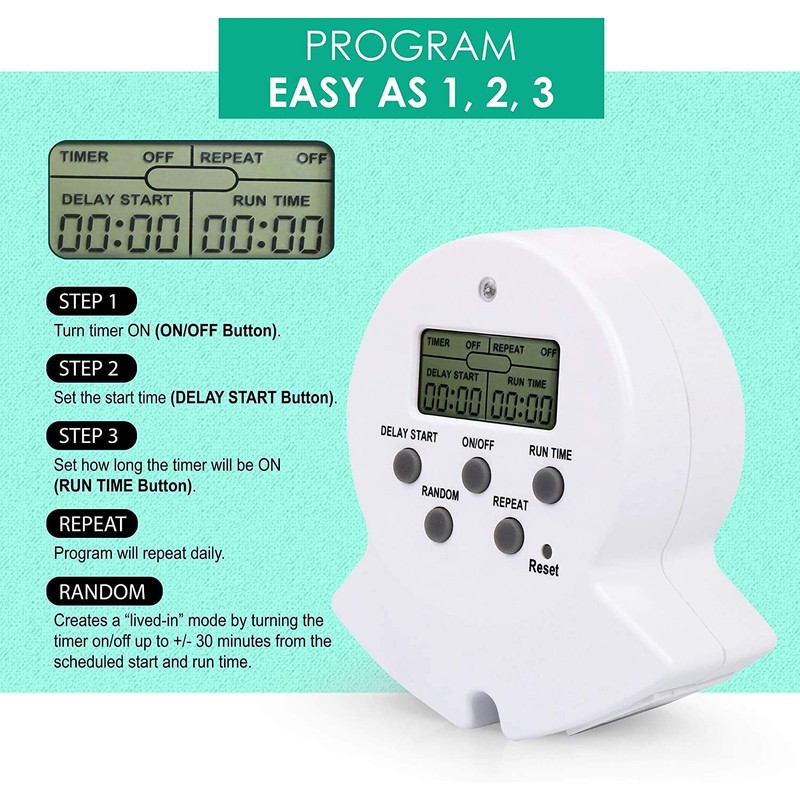 Clear Power Indoor Timer, 2 Grounded Outlet EZ Digital Timer