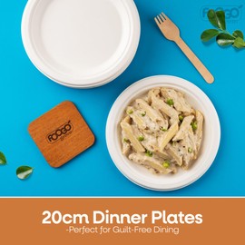 FOOGO Green 50pcs Disposable Sugarcane Bagasse Plates, 8 inch (20 cm), Medium Round Strong Paper Plates, Eco Friendly Biodegradable Compostable, for Picnic, Parties