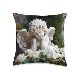 Cute Sleeping Angel Garden Cherub Statue Heaven Throw Pillow