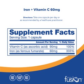 Bariatric Fusion Iron Supplement 60mg with Vitamin C | Easy to Swallow Capsule | Ferrous Fumarate Vitamins for Women and Men | Gluten, Dairy and Soy Free | Non-GMO | 60 Count