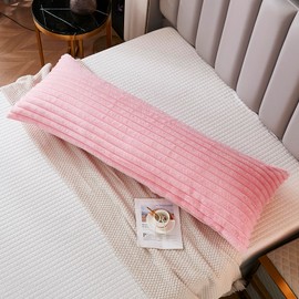 Uhamho Large Bed Body Pillow Covers 1 Pack Lumbar Striped Pillowcase Modern Home Decorative Soft Faux Rabbit Fur and Velvet Back 21x 54 Inches Zipper Closure, Pink