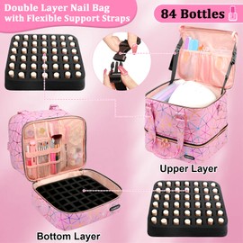 Sambois Nail Polish Organizer Bag Holds 84 Bottles (15ml/0.5 fl.oz)& Nail Lamp, PU Leather Nail Supplies Organizer with Holder& Shoulder Strap, Portable Travel Nail Kit Storage Carrying Case (Pink)
