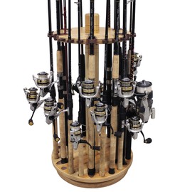 Rush Creek Creations Round Spinning 30 Fishing Rod Rack - No Tool Assembly - 360 Degree Rotation, light wood (38-3005)
