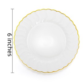 Coloch 50 Pack Gold Plastic Plates, 6 Inch White with Gold Rim Round Disposable Appetizer Dessert Plates for Wedding, Buffet, Party, Catering