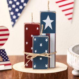 4th of July Decorations Table Sign Wood 3 Pcs Patriotic Decor Independence Day Memorial Day Decorations Red White Blue Wooden Tiered Tray Decor for Rustic Farmhouse Party Office Home Table
