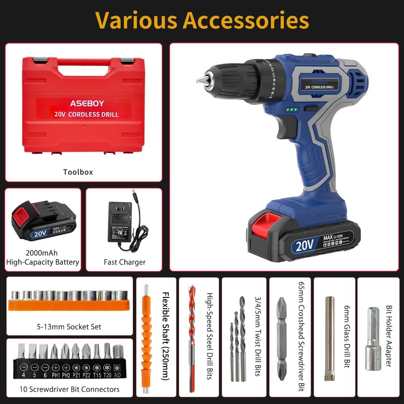 Aseboy Cordless Drill with Battery and Charger, 20V Drills for