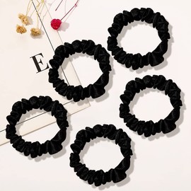 Satin Scrunchies Elastic Hair Ties for Women Girls Hair Accessories Soft Silk Hair Scrunchies for Teen Girls Black Rope Hair Bands Bun Ponytail Holder 5Pcs