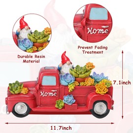 Ovewios Garden Statue Outdoor Decor, Red Truck Gnome Solar Garden Statues with Succulent Decorations, Resin Car Gnome Outdoor Statues for Garden Courtyard Lawn Yard Christmas Decor