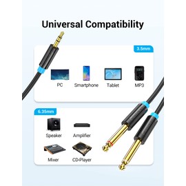 VENTION 3.5mm to 6.35mm Mono 3.5mm to Dual 6.35mm, 1/4 to 1/8 inch Male-to-Male Audio Splitter Gold-Plated Cable for Digital Mixer, Recorder, Guitar, Amplifier(2M)
