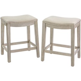 Barton Set of 2 Bar Stools Beige 24" Saddle Backless Premium Padded Indoor/Outdoor Nailhead Cushion Kitchen Counter Chairs Pub Seat Foot Rest