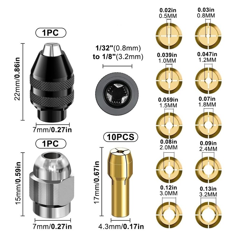 Parthan 16 Pcs Drill Chuck Collet Set, 0.5-3.2mm Replacement Accessory