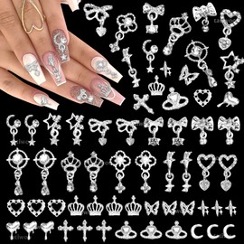 100 Pcs Silver Nail Charms and Gems, Silver Dangle Star Bows Nail Gems Charms, Metal Crown Heart Butterfly Charms for Acrylic Nail Art Alloy Cross Nail Charms for Women DIY Accessories