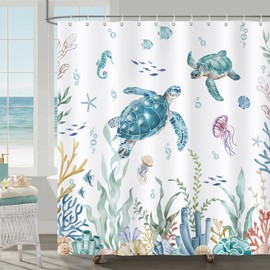 Bonhause Coastal Beach Shower Curtain, Ocean Sea Turtle Coral Underwater Bathroom Decor 72 x 72 Inch Polyester Fabric Waterproof Bath Curtain with 12 Hooks
