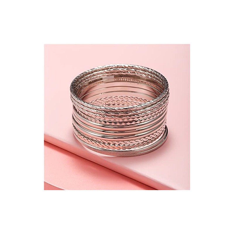 Bohemian Silver Bangle Bracelets Set for Women- Multi Layer Stackable