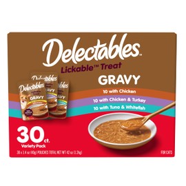 Delectables Lickable Treat Gravy Variety Wet Cat Treat & Food Topper, Food Topper, Hydrating, Grain-Free, No Fillers, No by-Products, No Added Preservatives, 1.4oz Pouch, 30 Pack