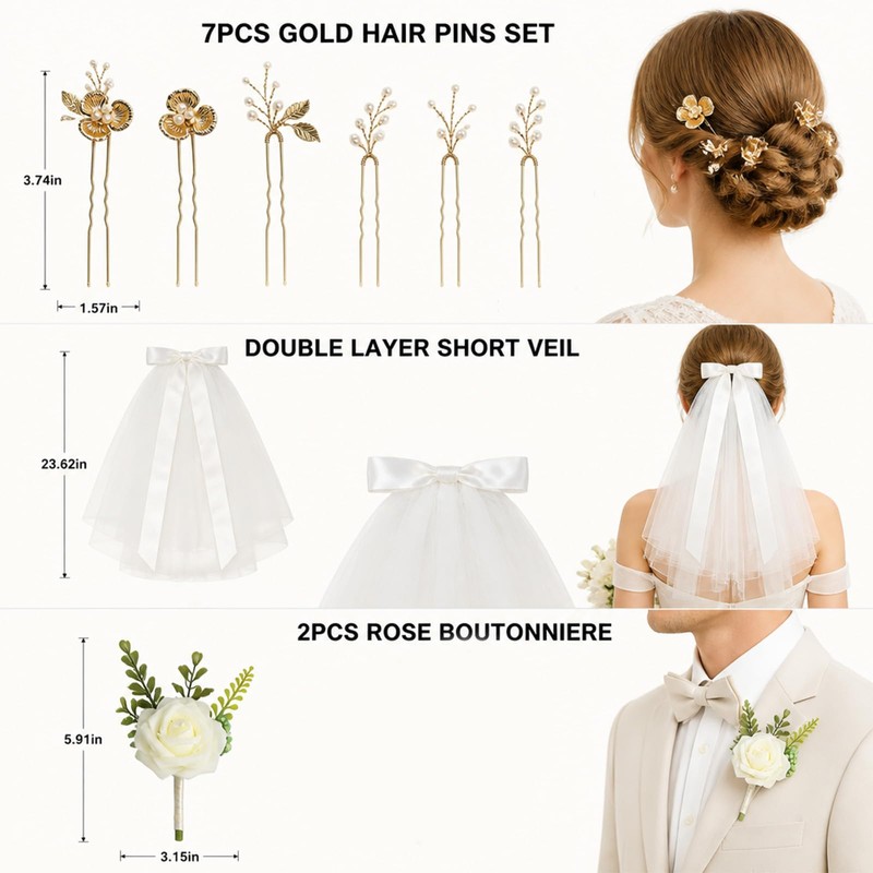 Bridal Accessories Combo - Pearl Hair Pins - Satin Bow