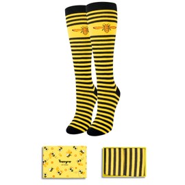 HAPPYPOP Funny Knee High Socks Funny Bee Socks Bumble Bee Gifts, Striped Socks Bee Keepers Gift Bee Accessories for Women