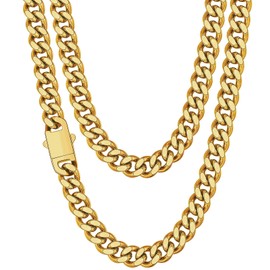 Fiusem Gold Plated Chain Necklace for Men, 9mm 14K Gold Plated Stainless Steel Cuban Link Chain Necklace, Men's Chains 22 Inch
