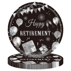 40PCS Happy Retirement Party Decorations Men Women,Black Silver Disposable Tableware Set Including Retirement Plates and Napkins for Women Men,Going Away Decor