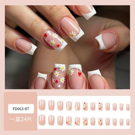 24Pcs Press on Nails Medium Short Coffin Square,French Tip Fake Nails Short with Nude White Flower Designs Full Cover Glossy Glue on Nails Thick Acrylic False Nails Cute Stick on Nails for Women Girls FD063-B7