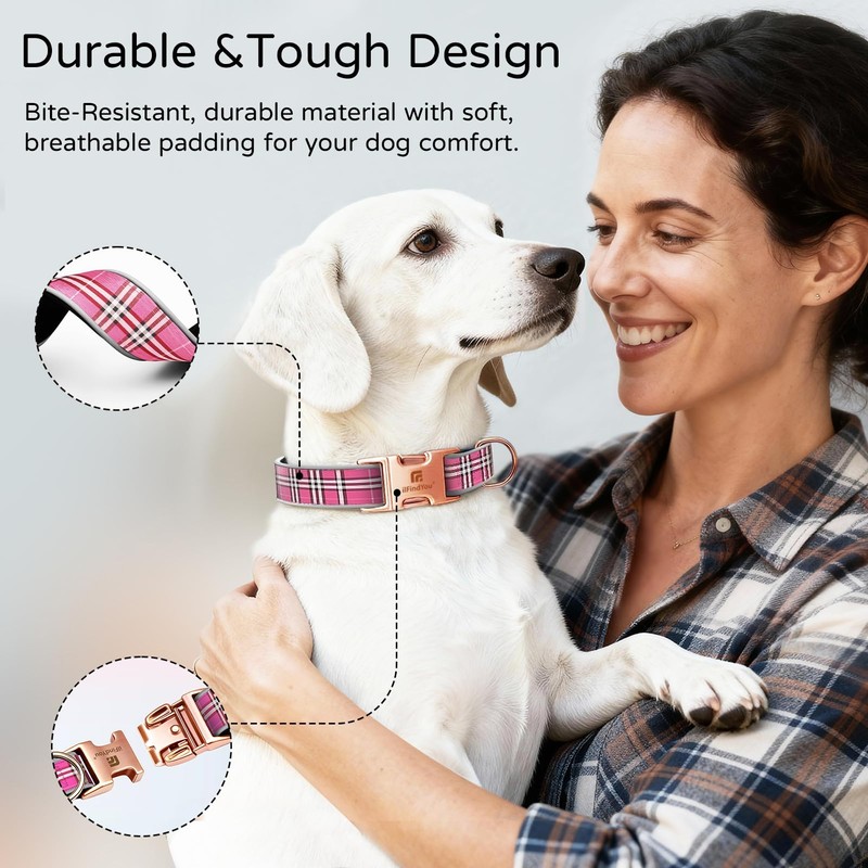 ILFindYou Reflective Plaid Dog Collar for Large Dogs, Rose Red-L