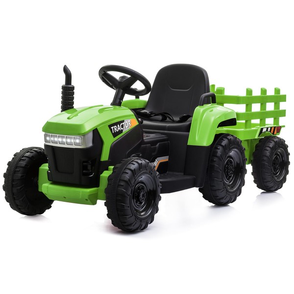 TOBBI 12v Battery-Powered Toy Tractor with Trailer and 35W Dual Motors,3-Gear-Shift Ground Loader Ride On with LED Lights and USB Audio Functions, Green