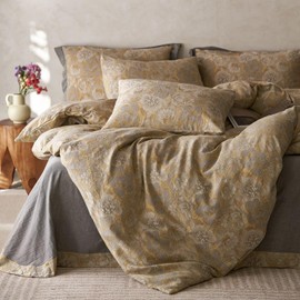 mixinni Vintage Gold Jacquard Duvet Cover King Set – Soft Double-Layered Yarn-Dyed Cotton, Breathable Luxury Bedding (3-Piece, 1Duvet Cover and 2 Pillowcases) Farmhouse & Bohemian Style