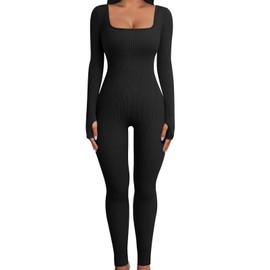 UMIPUBO Jumpsuit Women's Long Sports Yoga Bodysuit Jumpsuit Stretch Playsuits Square Neck Long Sleeve Bodycon Romper Sportswear Women's Set, black