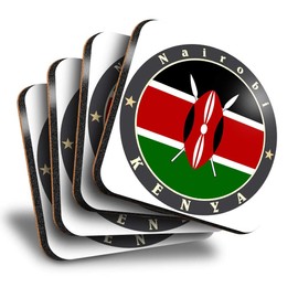 Destination Vinyl ltd Great Coasters (Set of 4) Square - Kenya East Africa Nairobi Flag Travel Drink Glossy Coasters/Tabletop Protection for Any Table Type #5186
