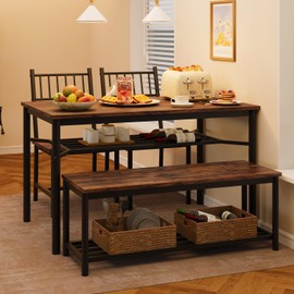 GAOMON Dining Table Set for 4 with Bench and 2 Chairs, Rectangular Kitchen Table Set with Wine Rack, Dining Room Table Set for 4 with Storage Benches for Small Space, Apartment, Rusric Brown