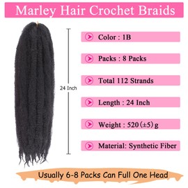 Leeven 8 Packs Marley Hair Crochet Braids,24 Inch Afro Kinky Marley Braiding Hair, Long Springy Afro Twist Hair Extensions (1B#,8 Packs)