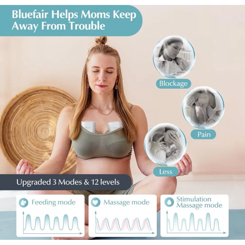 Bluefair Wearable Double Breast Pump 180ml/6oz 3 Modes Feed, Massage,