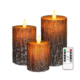 VEEKI Flameless Candles Lights, Set of 3 Battery Operated Flickering Flameless Candles with Remote & Timer, Dimmable LED Pillar Candles, Pine Bark Electric LED Candles for Christmas Winter Home Decor