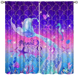 Mermaid Curtains for Girls Bedroom Kids Fish Rainbow Colourful Princess Ocean Theme Bedroom Curtains, Blue Mermaid Tail Window Treatments 42 x 45 Inch Blackout