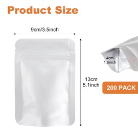 LOPYXBR 200 Pack Foil Bags Smell Proof Bags, 13 x 9cm / 5" x 3.5" Mylar Bags Stand Up Ziplock, Reusable Zipper Aluminum Foil Bags, Silver Resealable Pouches Food for Candy Coffee Beans Jewellery