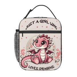 ainori Reusable Just a Girl Who Loves Dragons Lunch Box for Kids, Insulated Cute Pink Dragon Bag,Polyester Cooler Fantasy Lovers Handbags Case for School Picnic Work Travel Beach or Hiking, Gifts