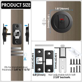 Round Pocket Door Lock with Color Coded Indicator,Privacy Matte Black Flush Pocket Door Hardware and Edge Handle- Fits 1.37" to 2-.2" Door Thickness 2.36" Rear