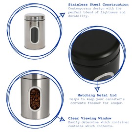 Harbour Housewares Tea Coffee and Sugar Canisters Set - Brushed - 3pc Transparent Window Airtight Food Storage Containers Kitchen Caddy Stainless Steel Storage Jars