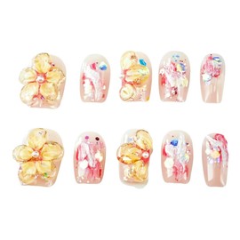 farfarflame Handmade Nail Tip, Short, False Nail Stand, 3D Diamond, Cat Eye Gel, Glossy, Stylish, Cute Design, Autumn, Winter, Party, Pack of 10 (3D Fireworks, S)