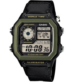 Casio World Time Digital Men's Watch AE-1200 Series International Model, Black x Green AE-1200WHB-1BV, sports