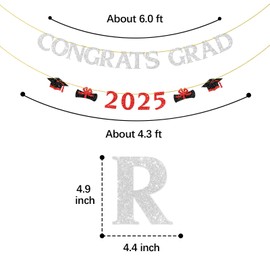 Congrats Grad 2025 Banner,Silver&Red Glitter Graduation Ceremony Decorations Graduating Student Graduation Party Supplies Classroom Bunting Banner