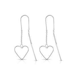DTPsilver - Women's Earrings Pull Through Chain 925 Sterling Silver Heart, Sterling Silver, No Gemstone