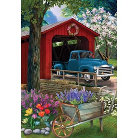 Briarwood Lane Bridge in Blooms Spring House Flag Floral Pickup Truck 28" x 40"