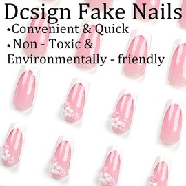Long Press on Nails White French Tip Long Fake Nails Coffin Press on Nails Square False Nails with Glitter Flower Charm Design Acrylic Nails Press on Artificial Nails Stick on Nails For Women-24Pcs