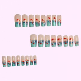 24Pcs Summer Ocean Press on Nails Long Square Fake Nails Press ons Acrylic Artificial False Nails with goldfish Pattern Design Summer Beach Nails Full Cover Glue on Nails Reusable Nails for Women