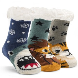 Big Boys Warm Fuzzy Socks for Kids Boys Winter Fluffy Socks Thick Thermal Floor Socks with Grips for Home 3 Pack Fierce Animal 8-10 Years